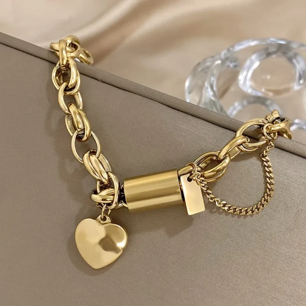 DZ Fashion Design Gold Color Thick Chain Stainless Steel Bracelets for Women Heart Love Pendant Wrist Jewelry - Image 2