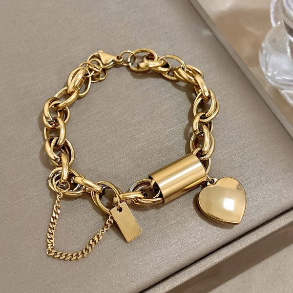 DZ Fashion Design Gold Color Thick Chain Stainless Steel Bracelets for Women Heart Love Pendant Wrist Jewelry - Image 3